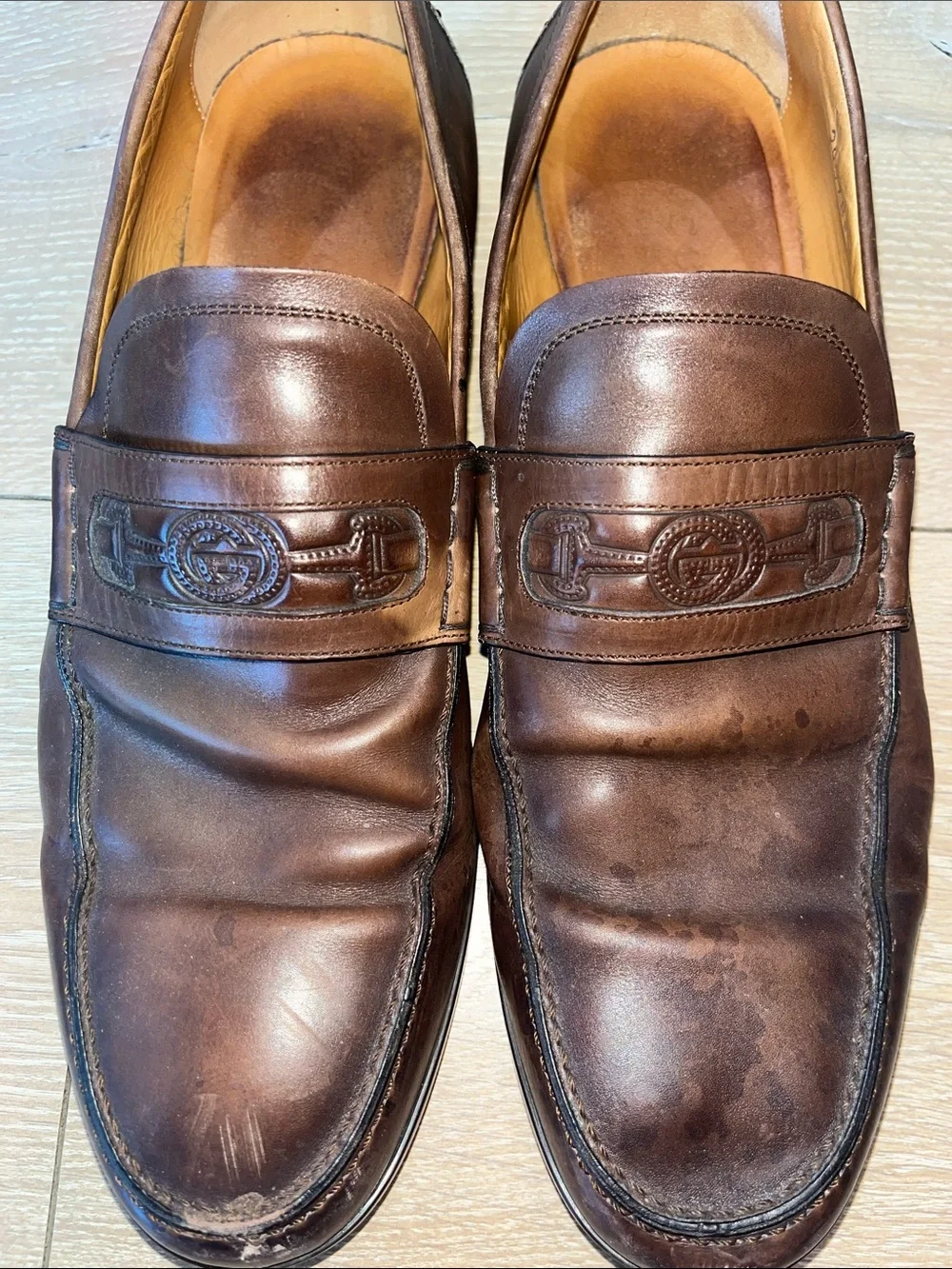 Gucci Brown Leather Horsebit Embossed Slip On Loafers Size 9 Men’s